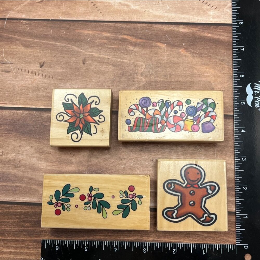 LOT OF 4 SUGARLOAF WOOD RUBBER STAMPS HOLIDAY THEMED MISTLETOE GINGERBREAD MAN